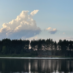 dark trees behind still water of lake with blue sky